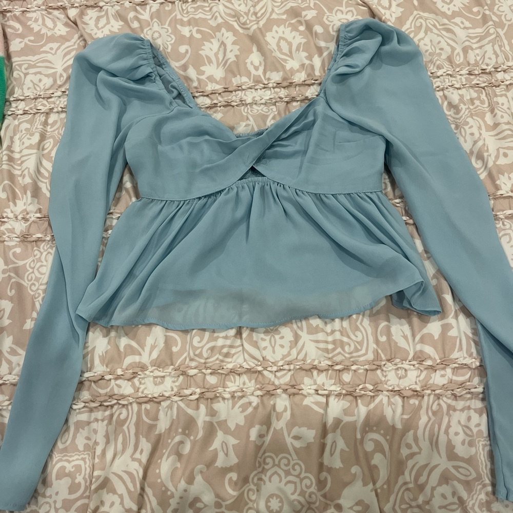 Abercrombie & Fitch Green Puff Sleeve Blouse with Ruched Tie Front